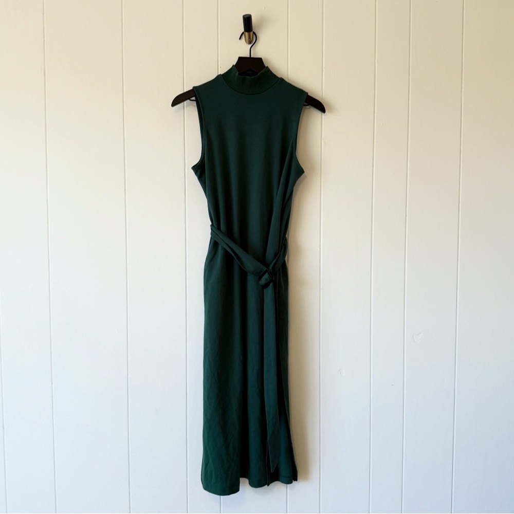 Prologue Mock Neck Dark Green Sleeveless Midi Dress with Slit and Belt